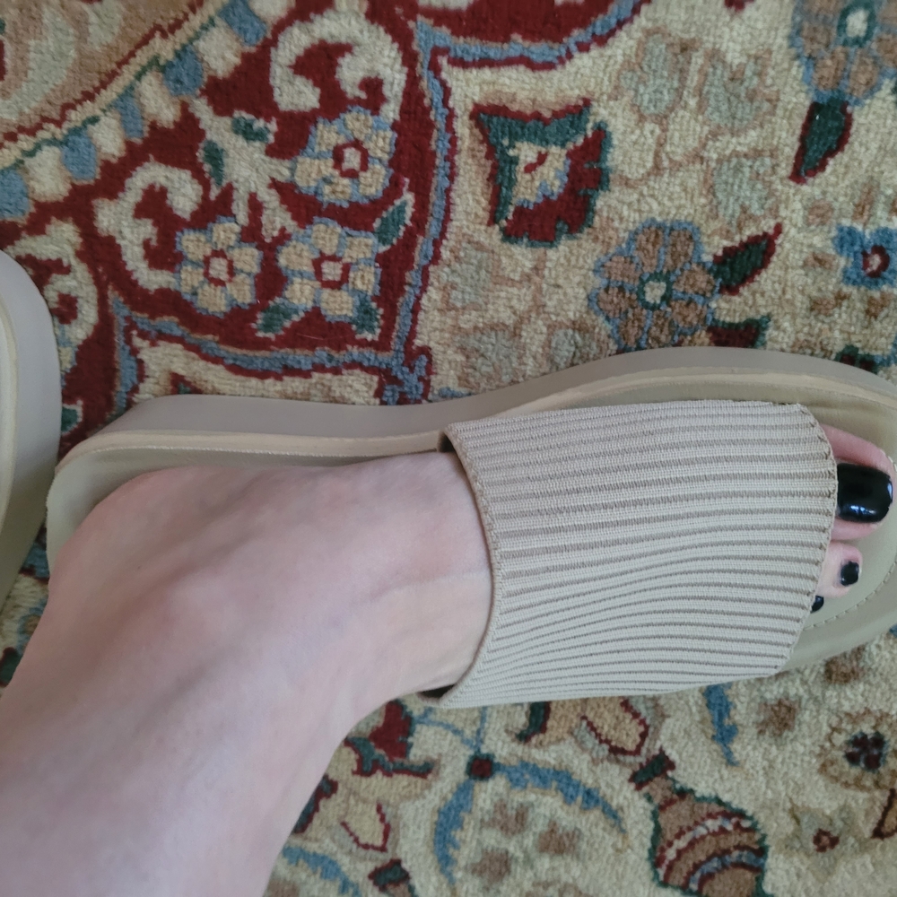Tan Slide Sandals with Ribbed Strap - Picture 2 of 9